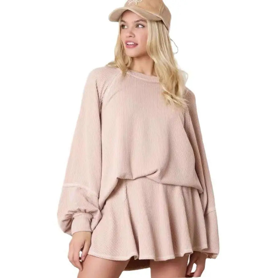 Women’s Solid Colour Ribbed Knit Casual Suit