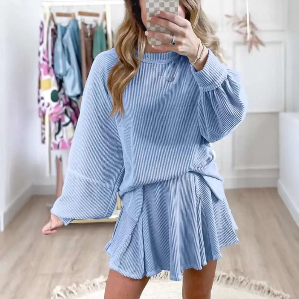 Women’s Solid Colour Ribbed Knit Casual Suit