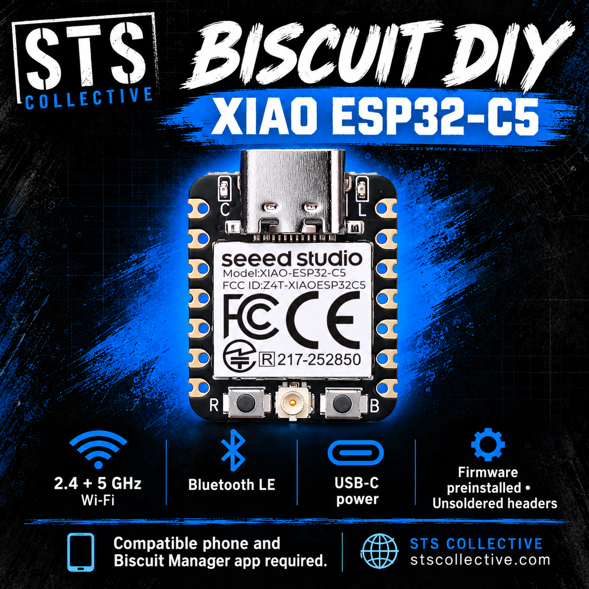 Biscuit DIY XIAO ESP32-C5 | Unsoldered Headers | Firmware Preinstalled