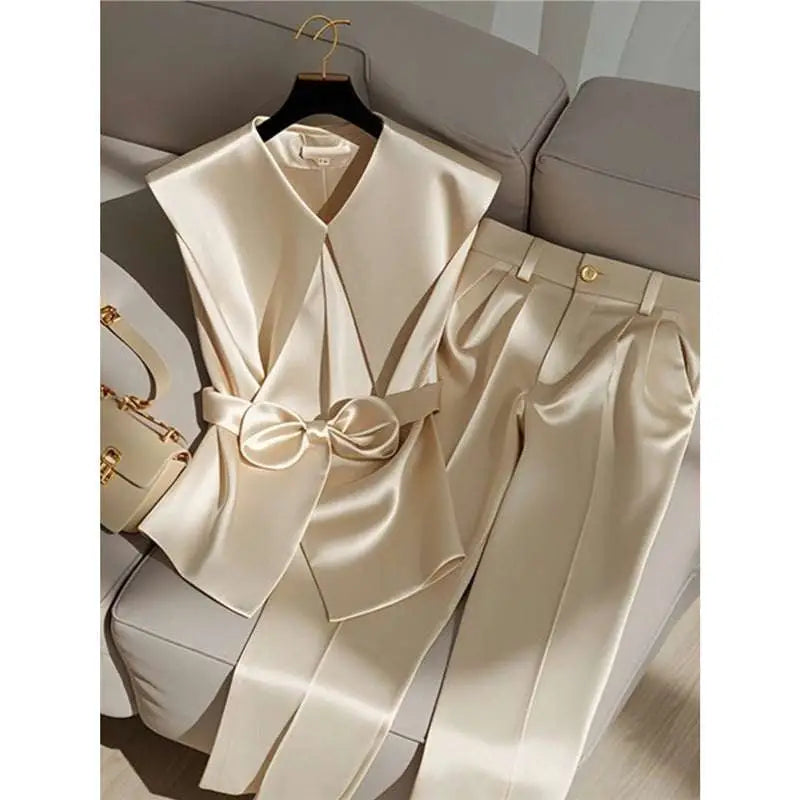 Youthful Fashionable Champagne Satin Top and Trousers