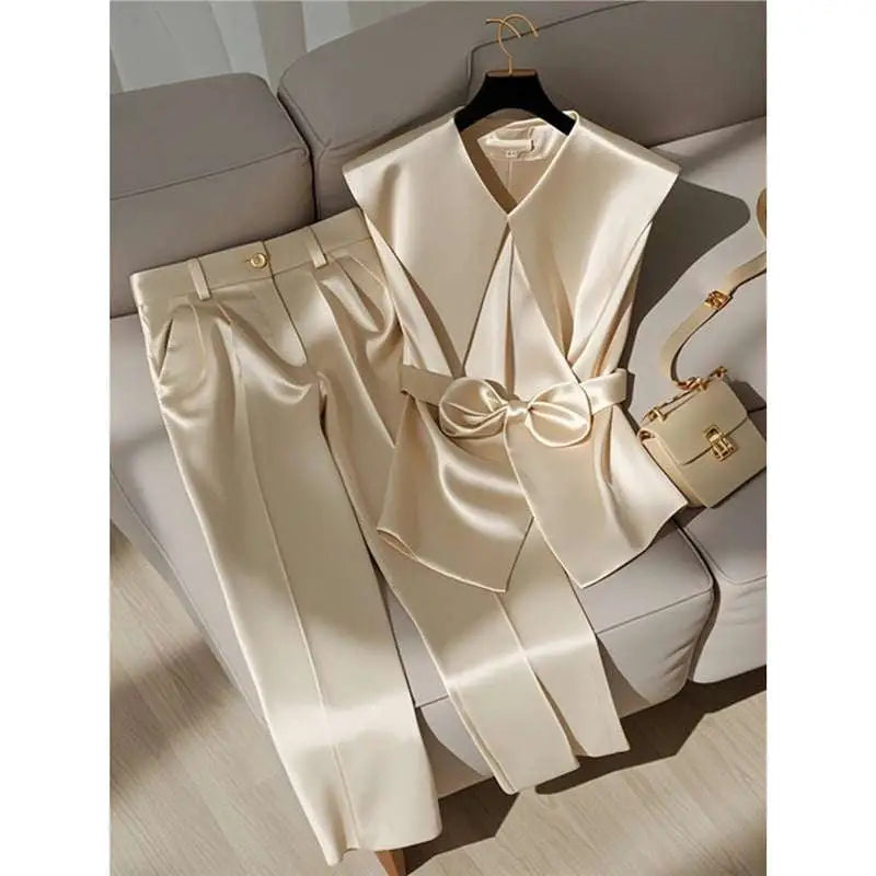 Youthful Fashionable Champagne Satin Top and Trousers