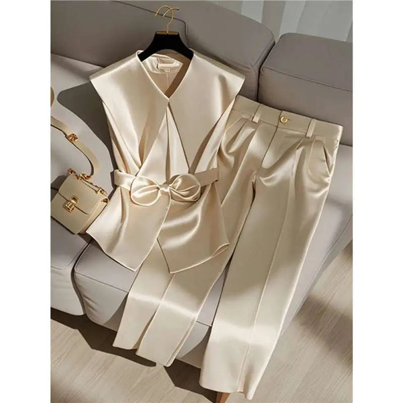 Youthful Fashionable Champagne Satin Top and Trousers