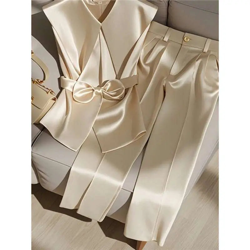 Youthful Fashionable Champagne Satin Top and Trousers