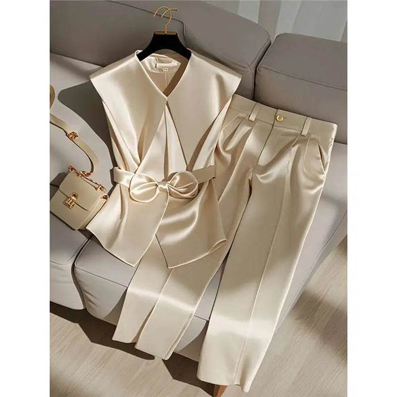 Youthful Fashionable Champagne Satin Top and Trousers